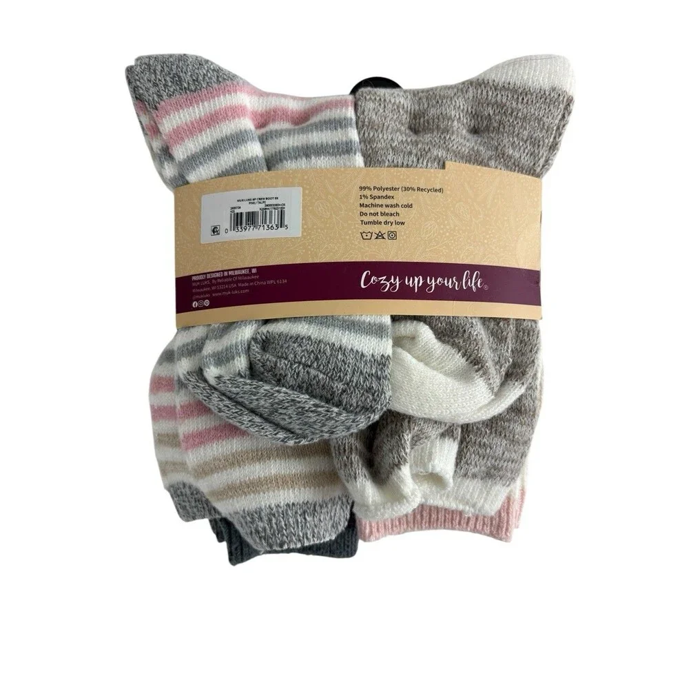 MUK LUKS Women’s Fluffy Dream Crew Boot Socks Size 6-10 Pink Taupe 6-Pair